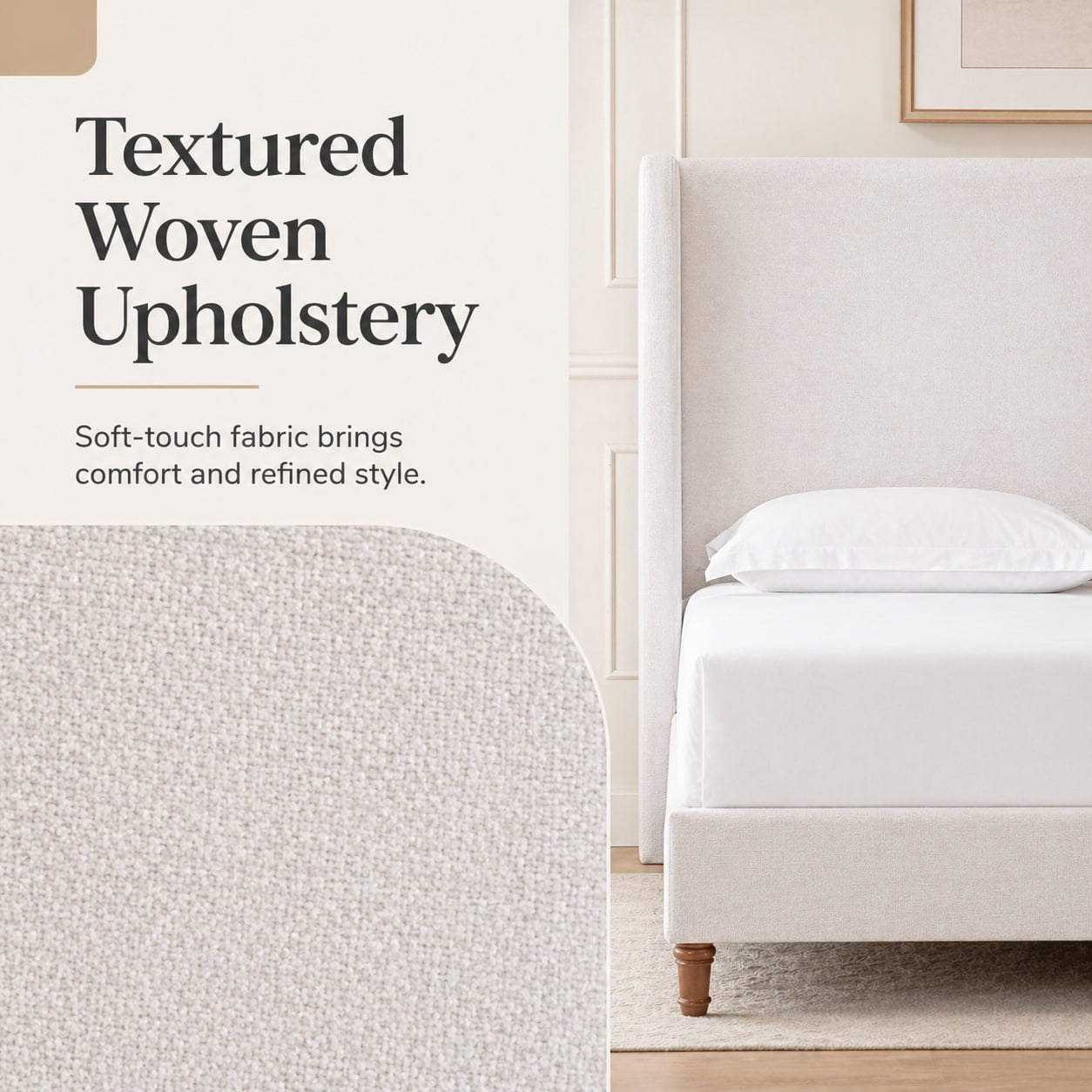 Miniyam King Size Upholstered Platform Bed Frame with Wingback 54 in. Headboard, Ivory