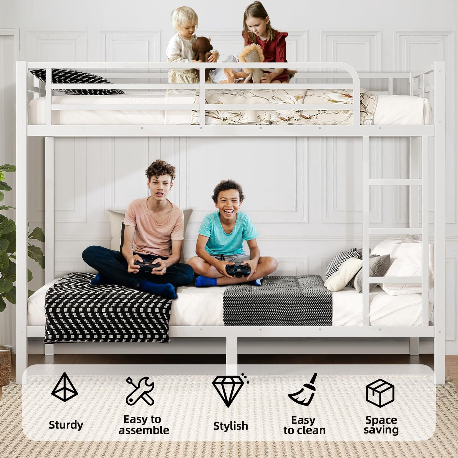 Miniyam Twin XL Over Twin XL Metal Bunk Bed with Top & Bottom Guardrails, Side Ladder, Quiet Metal Slats, White