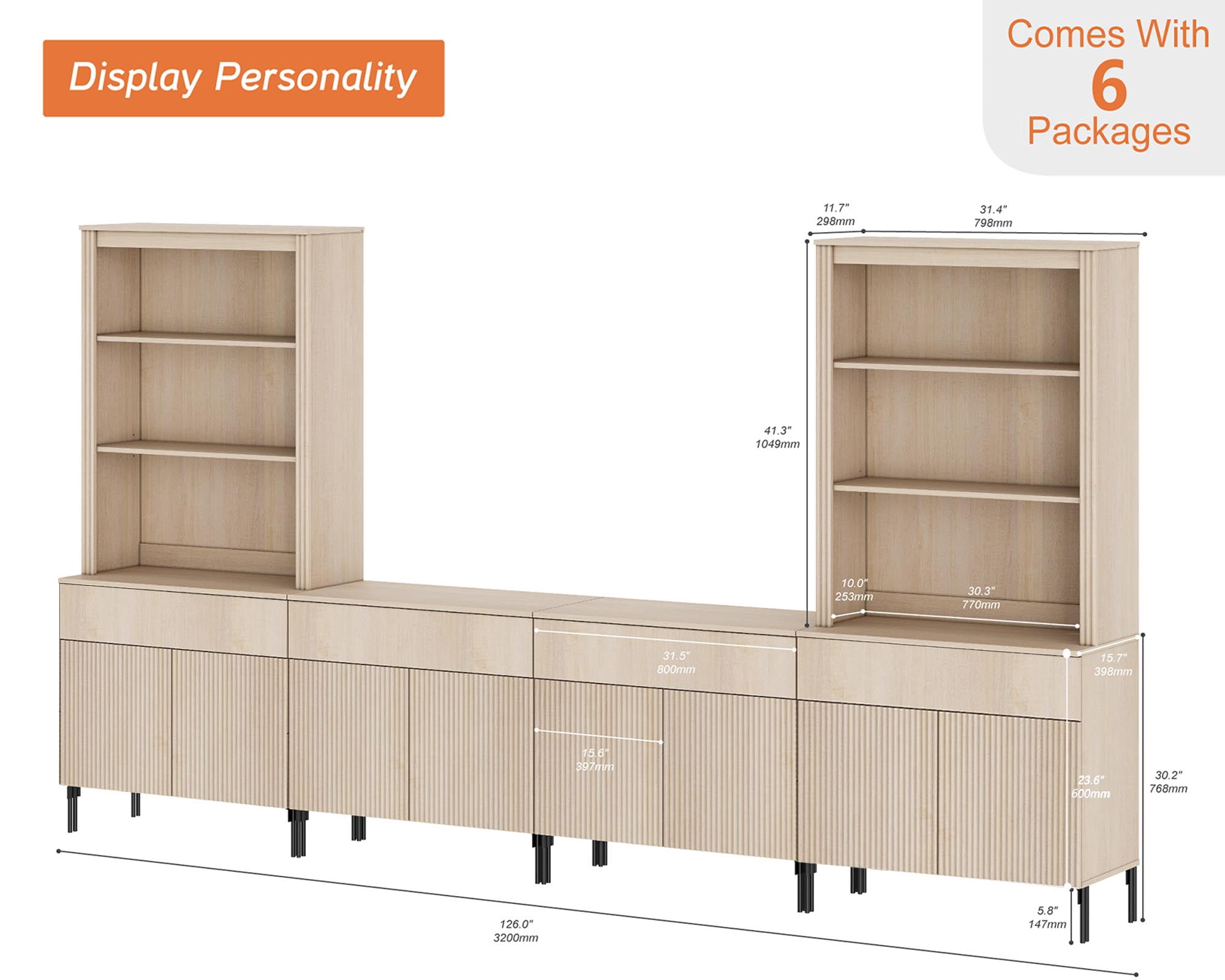 71" Tall Arched Kitchen Pantry Cabinet, Wood Bookcase Display Cabinet With Drawers And Open Arched Shelves, Mid-Century Modern Versatile Cupboard For Dining Room, Bedroom