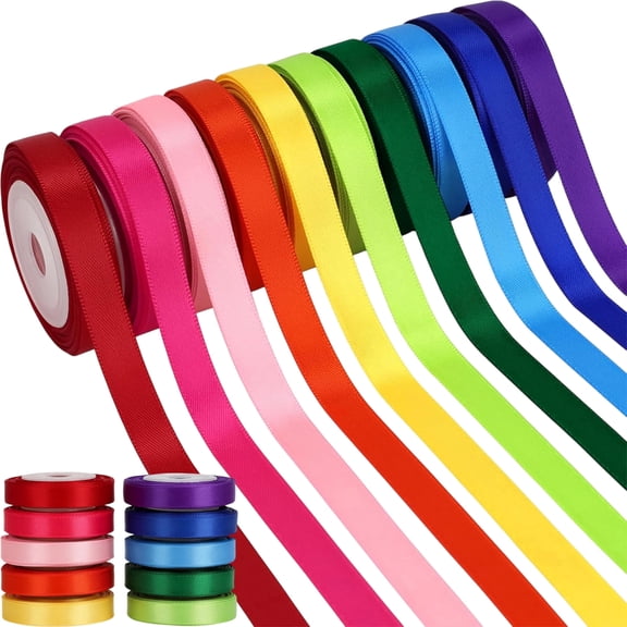 Rainbow Satin Ribbon Set, 10 Color Spools, 3/8 Inch x 6 Yards Each, Double-Sided Craft Ribbon for Gift Wrapping, Hair Bows, DIY Crafts, Party & Wedding Decorations (60 Yards Total)