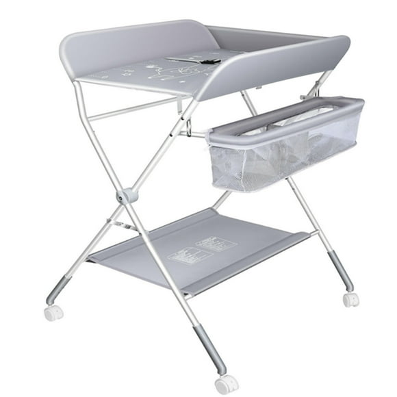 Folding Baby Diaper Changing Table with Wheels, Height Adjustable Infant Nursery Station Organizer
