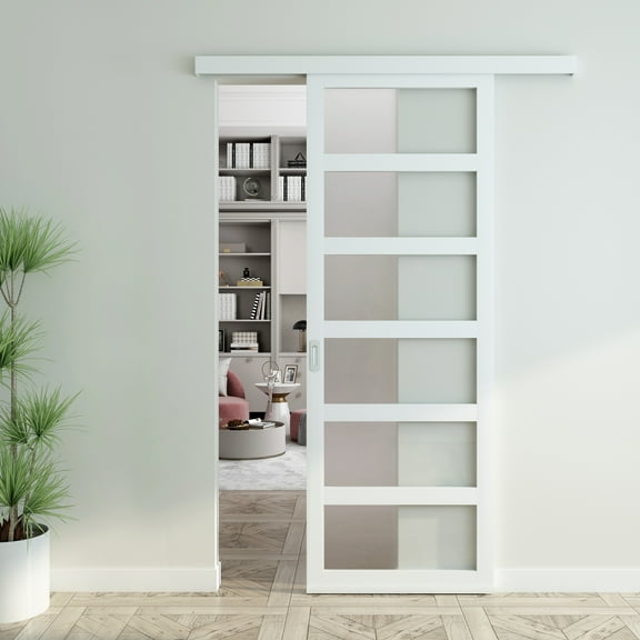 JUBEST 42"x84" White PVC Sliding Barn Door with Hardware Kit and Pull, Translucent Lightweight Plastic Barn Door, Water-Proof, Easy Assembly