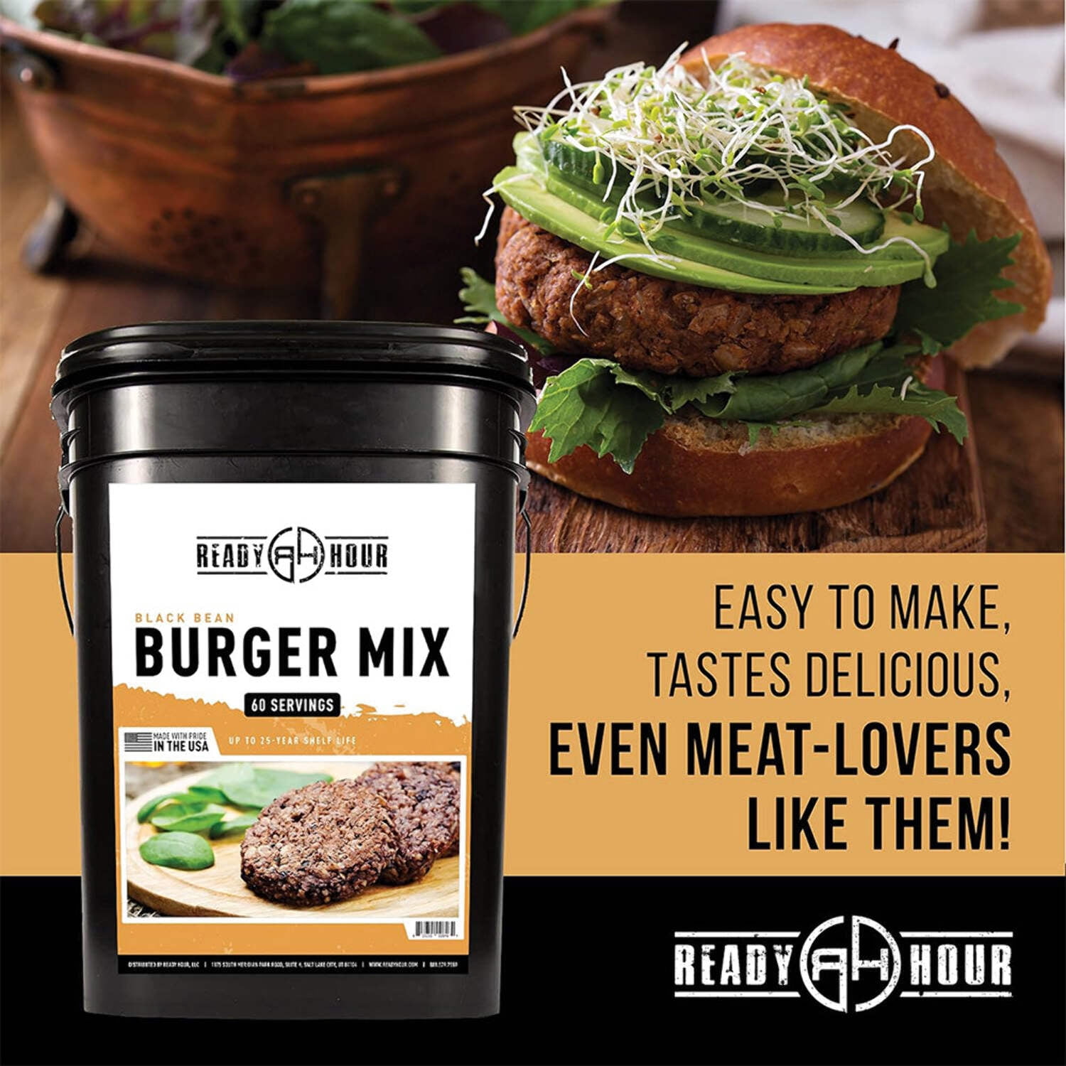 Black Bean Burger Mix, Real Non-Perishable Recipe, 25-Year Shelf Life, Emergency and Adventure Food Supply, Includes 10 Resealable Pouches, 60 Servings