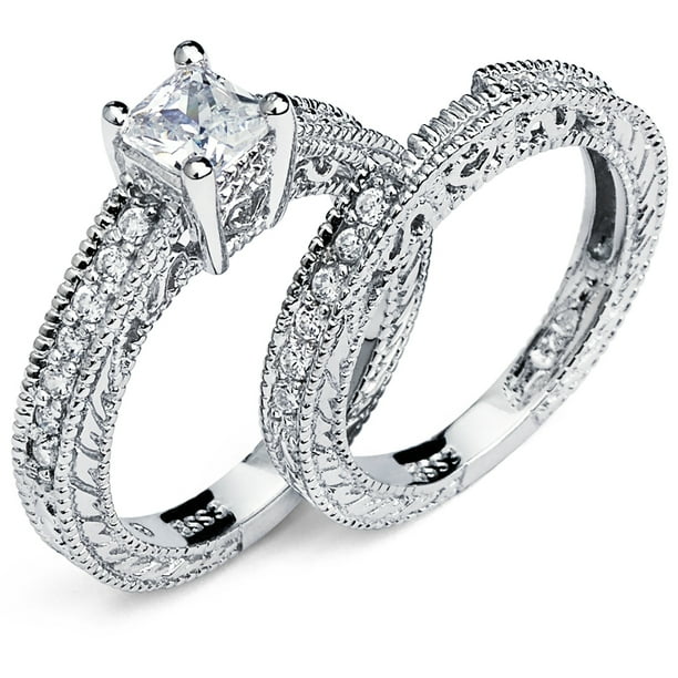 RingWright Co. Women's Sterling Silver 925 Princess Cut Carved Bridal