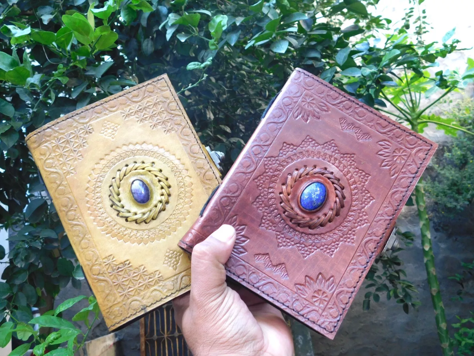 Handcrafted Embossed Design Vintage Leather Bound Journal Healing Stone Grimoire Diary Blank Notebook For Men & Women (Pack of 2)