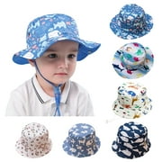 Cheers Kids Cartoon Animal Print Wide Brim Anti-UV Fisherman Hat Chin Strap Bucket Cap