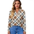 thumbnail image 4 of Striped Long Sleeve Polo Shirts for Women Business V Neck Collared Tops Button Down Loose Fit T Shirt Light Brown S, 4 of 4