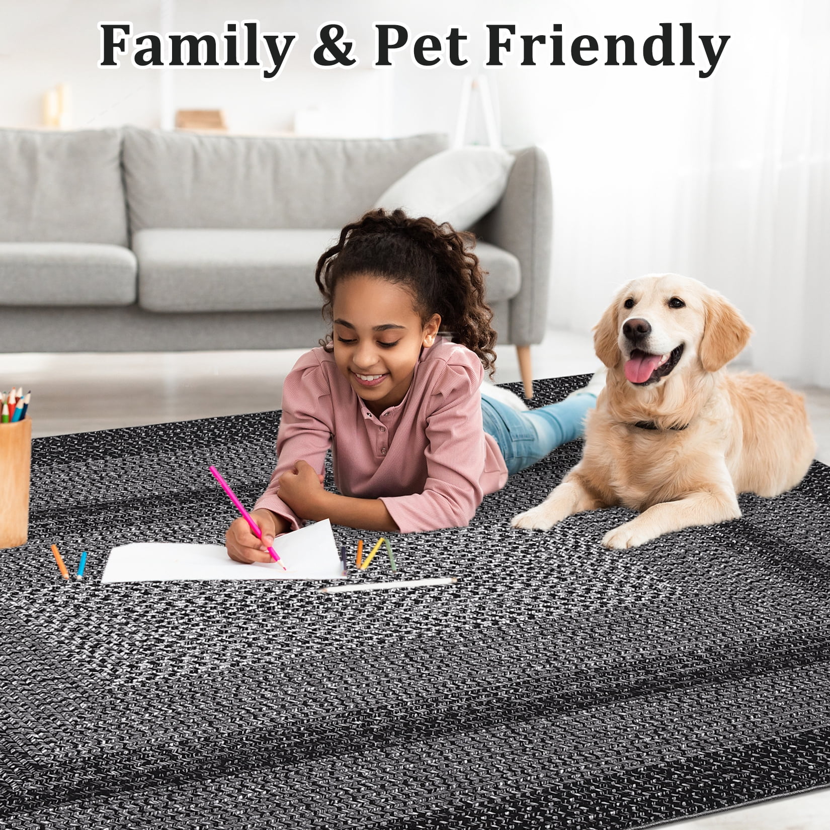 Garvee 5'x7' Printed Braided Rugs Farmhouse Bordered Carpet, Machine Washable Indoor Area Rug Non-Slip Low Pile Rugs for Living Room Bedroom Home Decor, Black