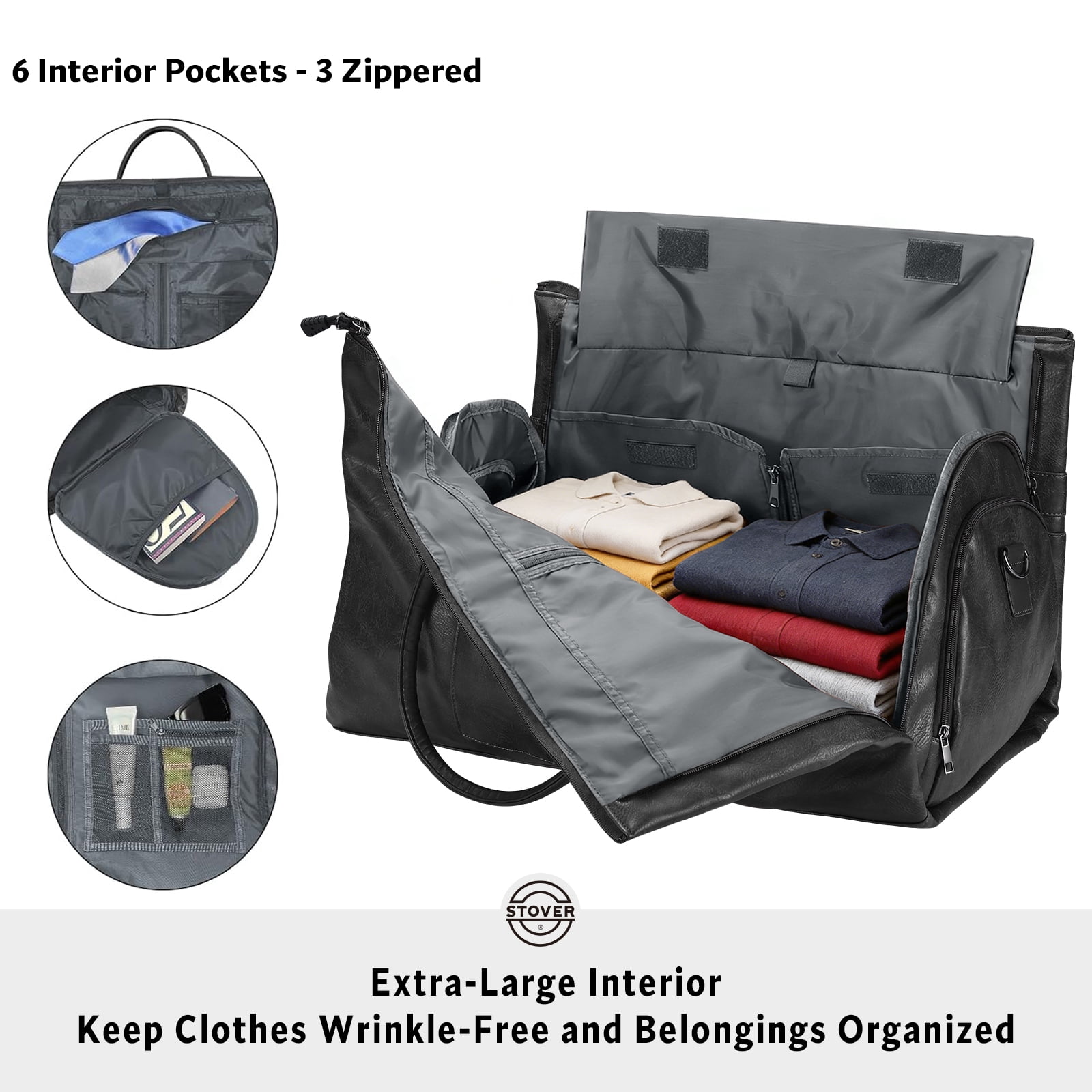 STOVER Garment Travel Duffle Bag, Large 2-in-1 Convertible Carry-on Luggage (Black Leatherette)