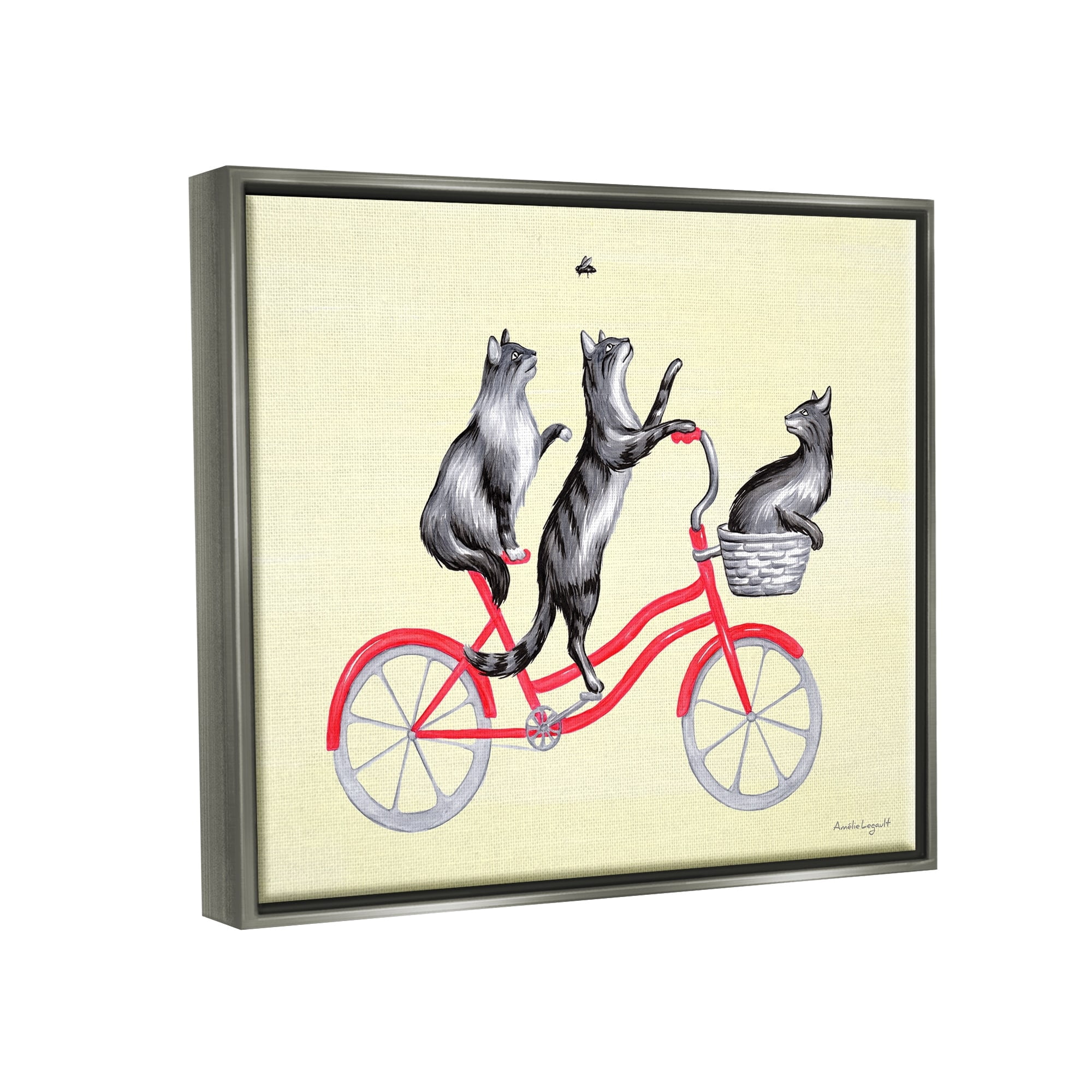 Stupell Industries Playful Cats Riding Red Bicycle Buzzing Bee Graphic Art Luster Gray Floating Framed Canvas Print Wall Art, Design by Amelie Legault