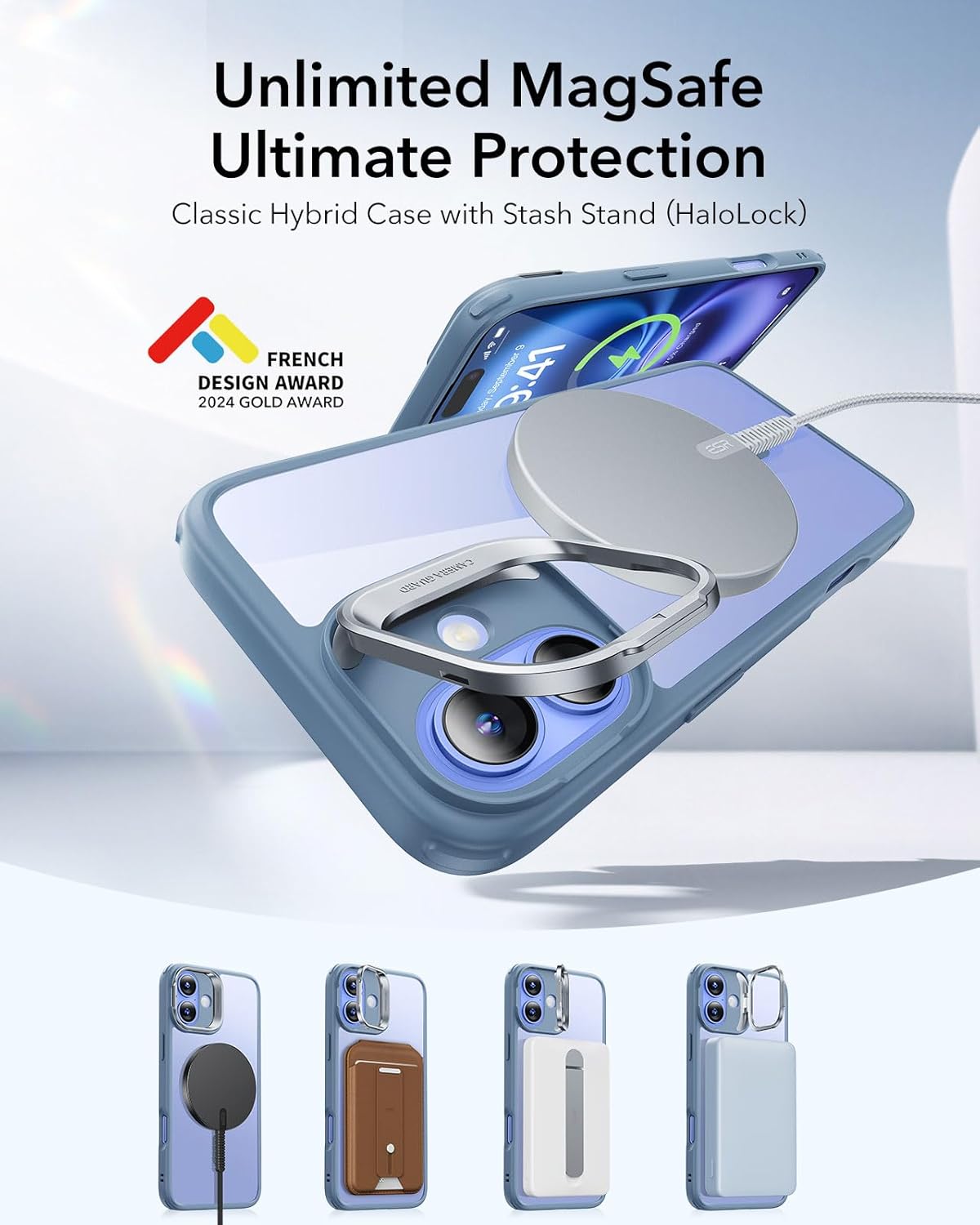 RGHJAR-ESR for iPhone 16 Case, Compatible with MagSafe, Military-Grade Protective Case, Built-in Stash Stand Phone Case, Scratch-Resistant Back Cover, Classic Series, Clear Blue