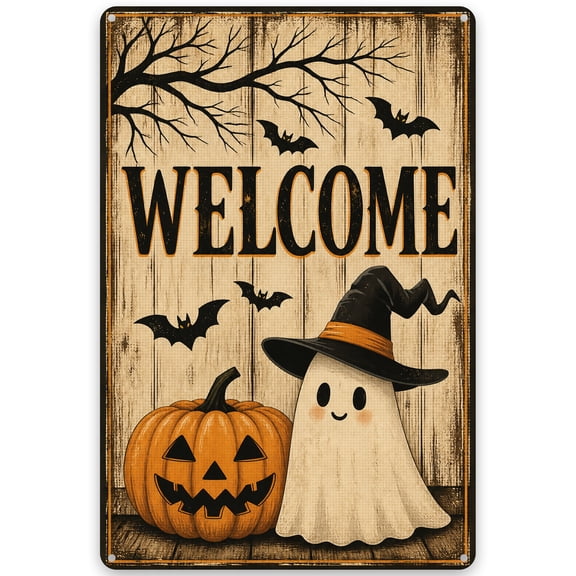 Rustic Halloween Welcome Sign, Metal Wall Decor with Ghost and Pumpkin Design, 8x12 Inch, Vintage Style Indoor/Outdoor Easy Hanging Artwork, Weather Resistant Finish, Ideal for Home Decor