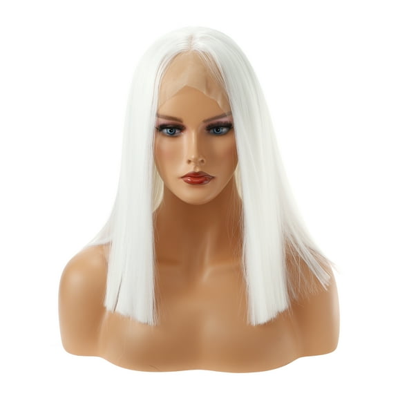 Unique Bargains Lace Front Wigs for Women 12" White Medium Long Straight Hair with Wig Cap