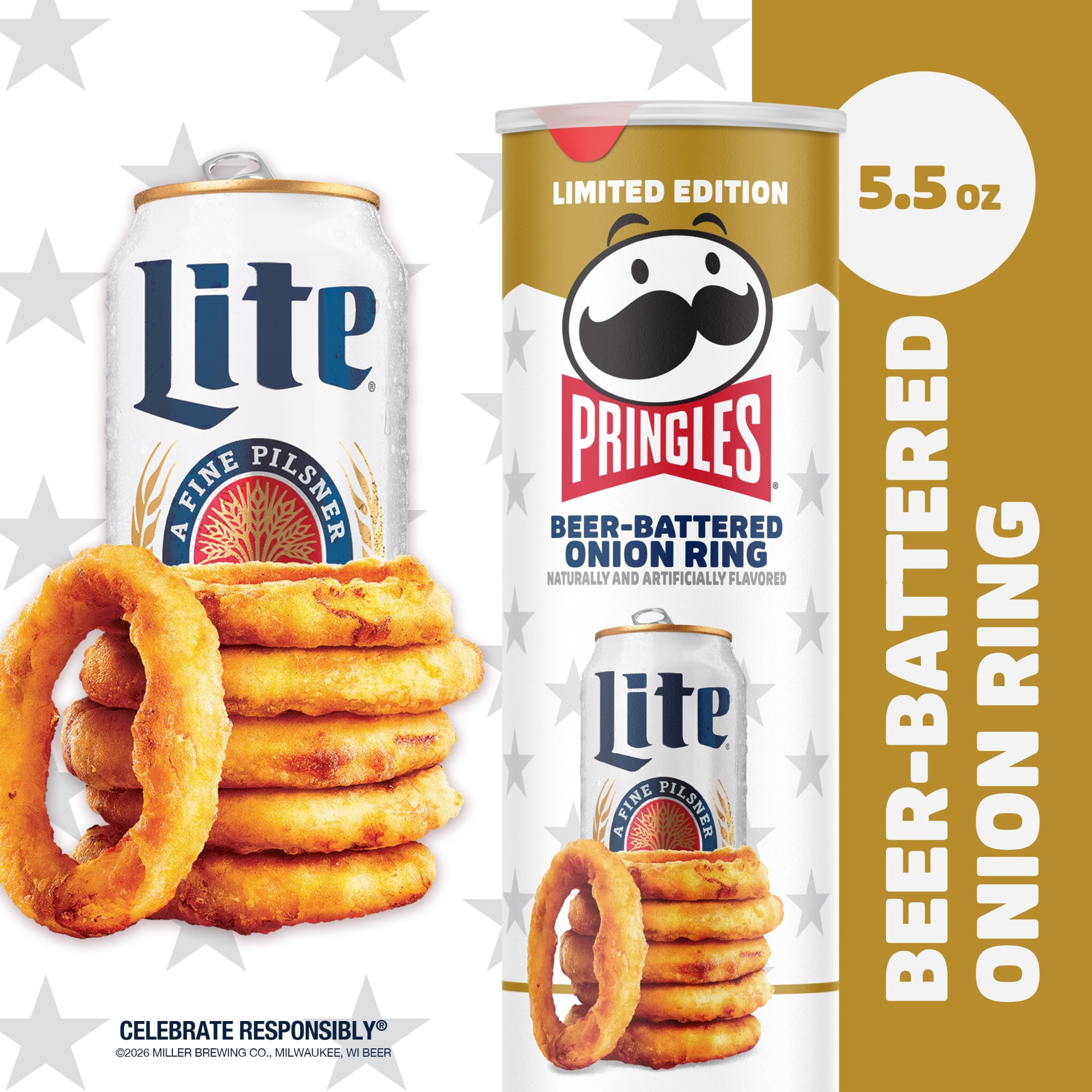 Pringles Beer-Battered Onion Ring Potato Crisps Chips, Lunch Snacks, 5.5 oz Canister