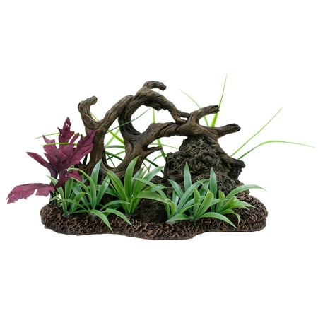 Marina Twisted Driftwood Aquarium Ornament with Rock and Plants,