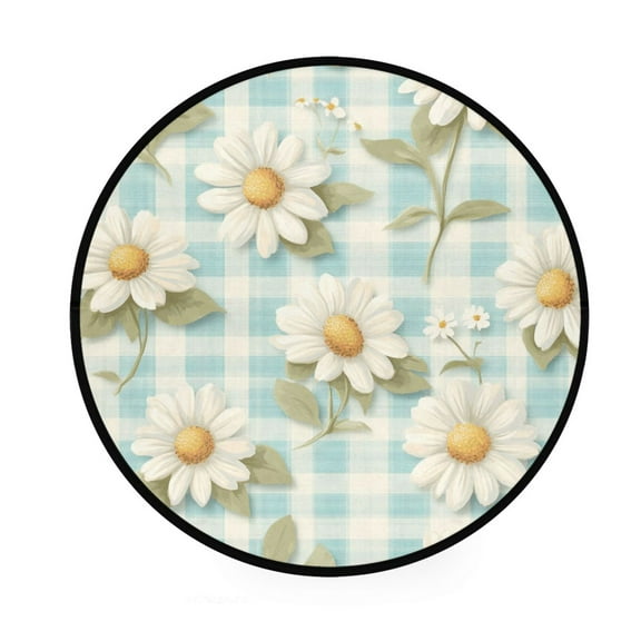 BZSMCE Round Decorative Floor Mat Daisy Delight on Plaid Pattern 36.2IN