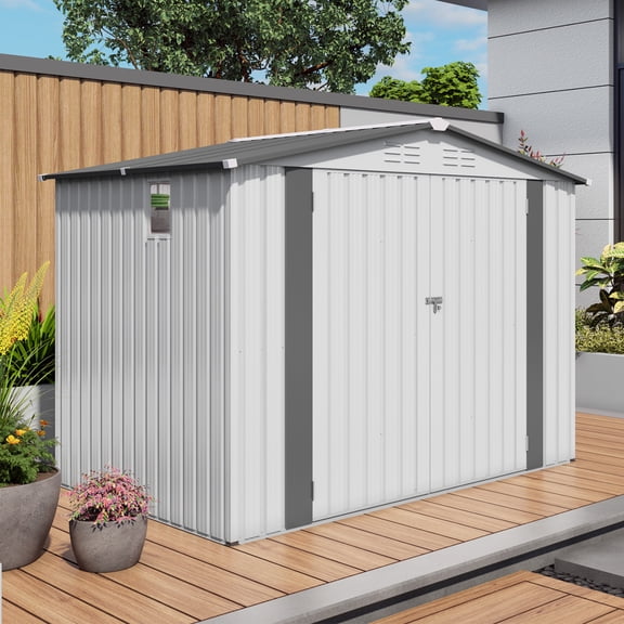 Miekor Furniture 8X6 FT Metal Outdoor Storage Shed,Tool Shed with Pitched Roof Waterproof with Side Window and Lockable Door,Metal Tool Shed White & Gray MK0671
