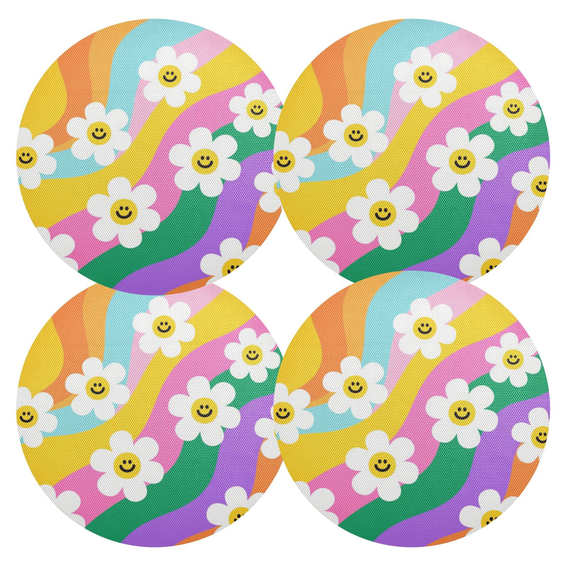 15.4 Inch Round Woven Placemats set of 6 for Dining Table Washable Heat Resistant Table Mats Non-Slip Washable Table Pad for Home Kitchen Decor Smiley Daisy on Rainbow Background