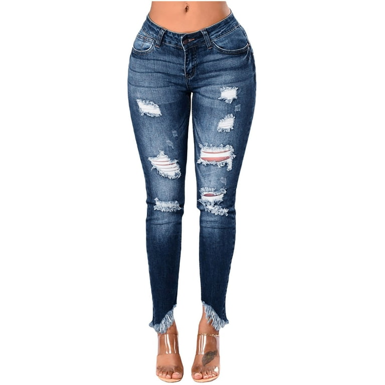 Bigersell Women Stretch Juniors Jeans Full Length Pants Women s Tight Ripped Jeans Irregular Fringed Blue Jeans with Cuffs Curvy Pants for Ladies