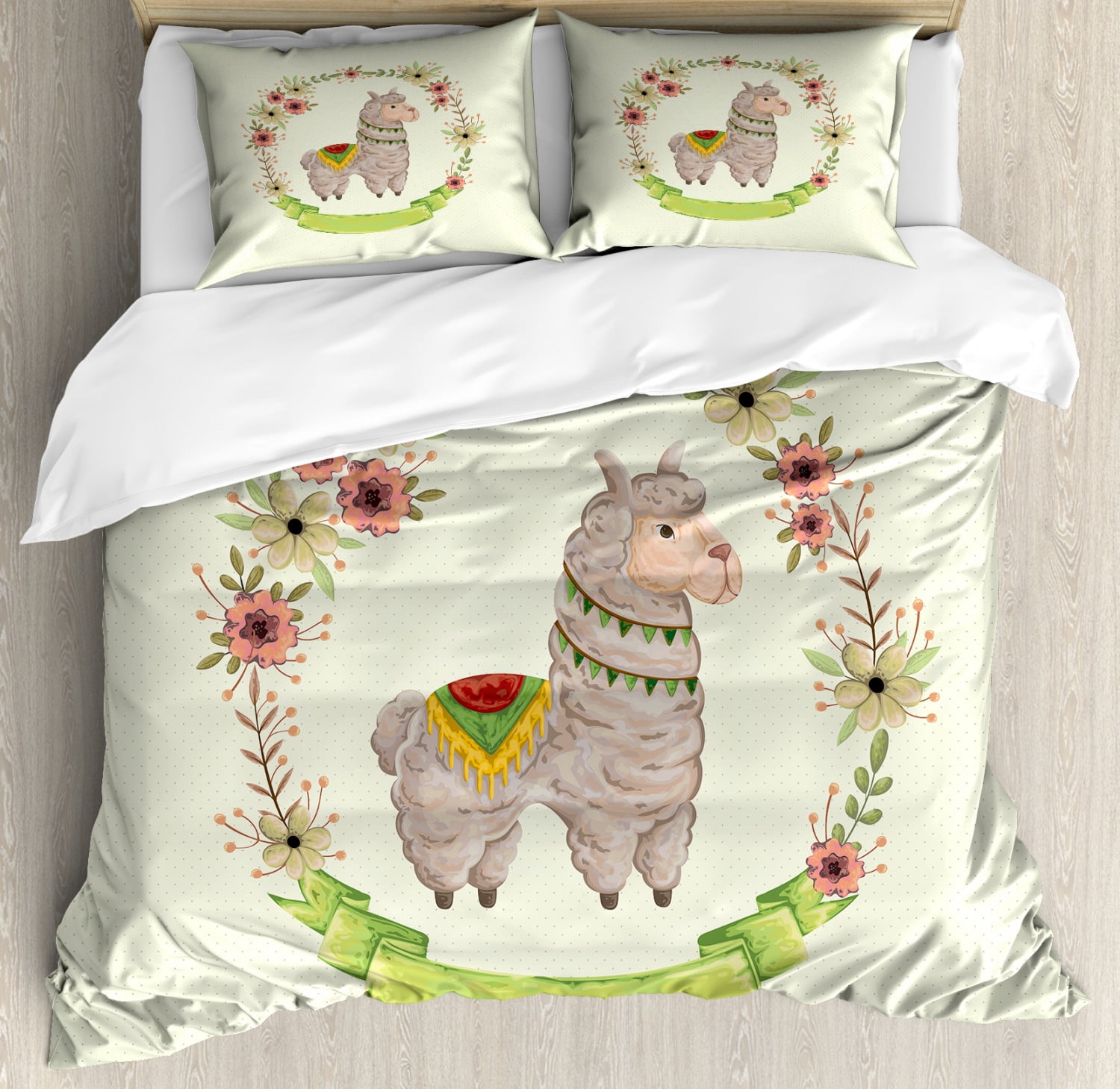 Llama King Size Duvet Cover Set, Colorful Watercolor Floral Wreath and South American Animal