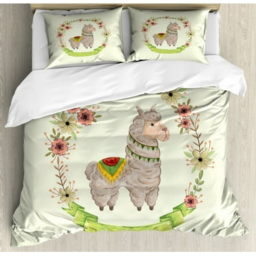 Llama Queen Size Duvet Cover Set, Colorful Watercolor Floral Wreath and South American Animal Illustration with Banner, Decorative 3 Piece Bedding Set with 2 Pillow Shams, Multicolor, by Ambesonne