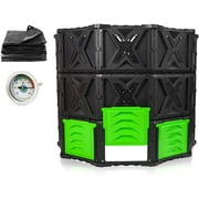SQUEEZE master XL Large Compost Bin Outdoor- 540L /143 Gallon-with rain Cloth and Thermometer-Easy Assembly-No Screws-Automatic Temperature Measurement-BPA Free-Sturdy& Durable-Green Door