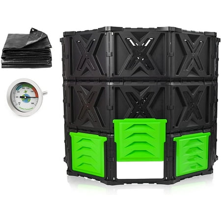 SQUEEZE master XL Large Compost Bin Outdoor- 540L /143 Gallon-with rain Cloth and Thermometer-Easy Assembly-No Screws-Automatic Temperature Measurement-BPA Free-Sturdy& Durable-Green Door