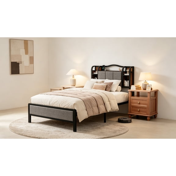 Twin XL Size Bed Frame with Upholstered Headboard & Footboard, Metal Bed Frame with LED Lights & Charging Station, No Box Spring Needed, Noise-Free Easy Assembly, Large Under Bed Storage