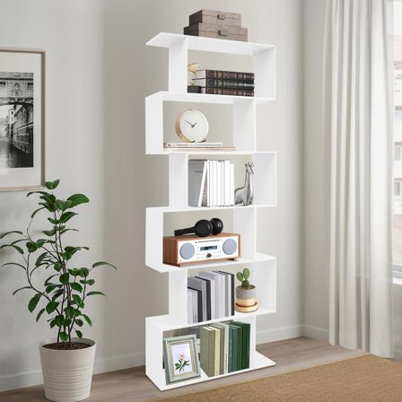 S-Shaped Bookshelf, 6-Tier Modern Geometric Bookcase, Tall Freestanding Storage Shelf, Decorative Display Rack for Living Room, Bedroom, Office, Study (White)