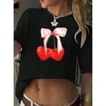 thumbnail image 1 of Valentine's Day Bow And Cherry Print T-Shirt, Casual Crew Neck Short Sleeve Comfort Tee Top For Spring & Summer, Women's Clothing, 1 of 6