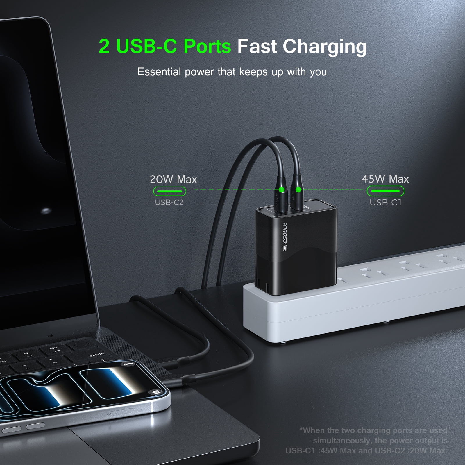 Esoulk Premium 65W GaN 2-Port Dual USB-C Wall Charger Adapter with 2 Cables for iPhone 17 Pro Max, Macbook, iPad, Samsung