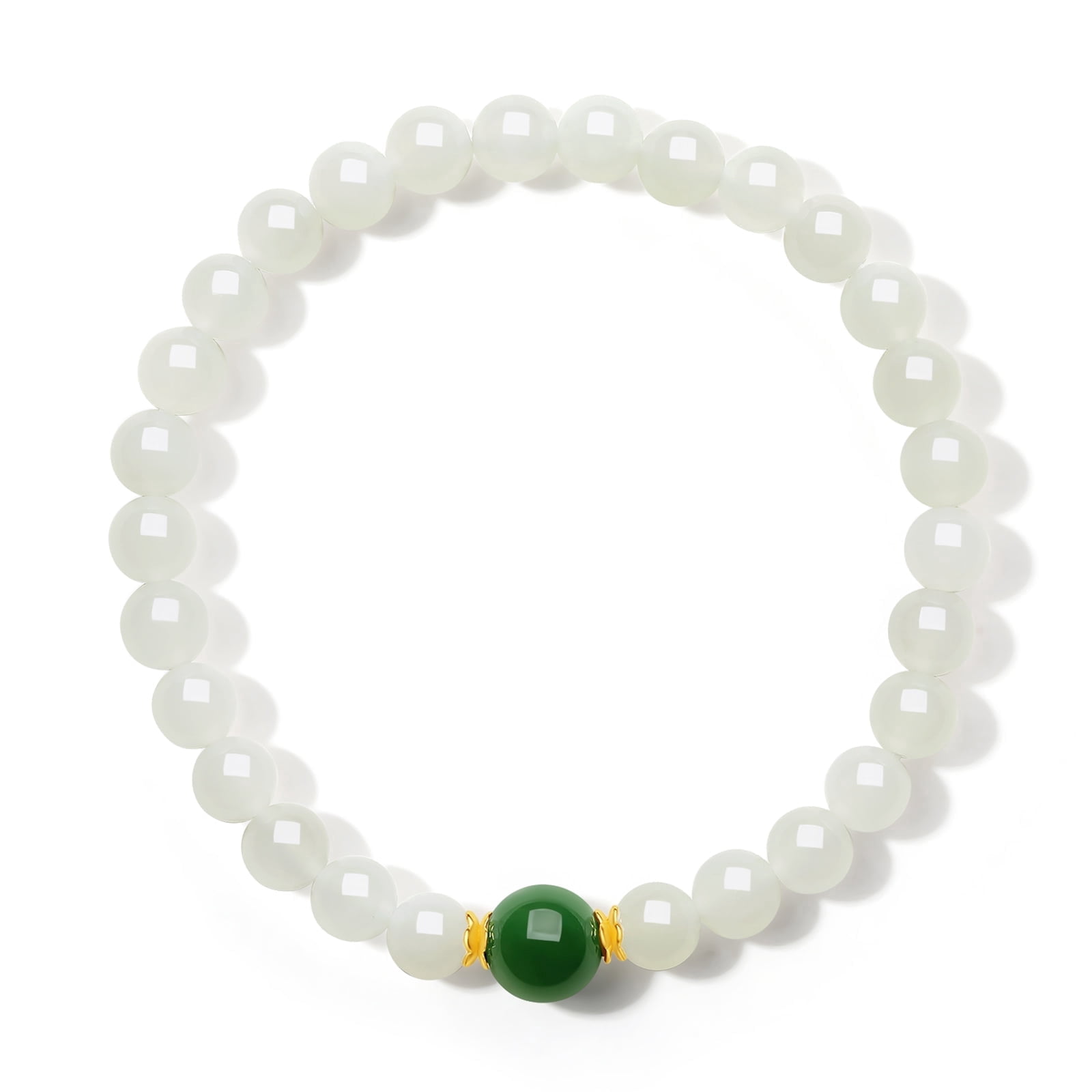 ZHOU LIU FU White Nephrite Jade Bead Stretch Bracelet with 24K Gold Fine Jewelry Birthday Anniversary Gift for Women Mom