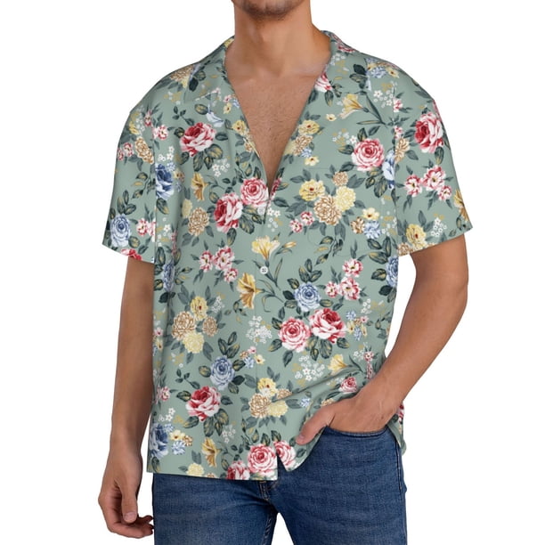 Fotbe Rose Flowers Camisa Estampada de Manga Corta para Hombre, Casual de Verano, Estilo Playero, Sin Arrugas-X-Large