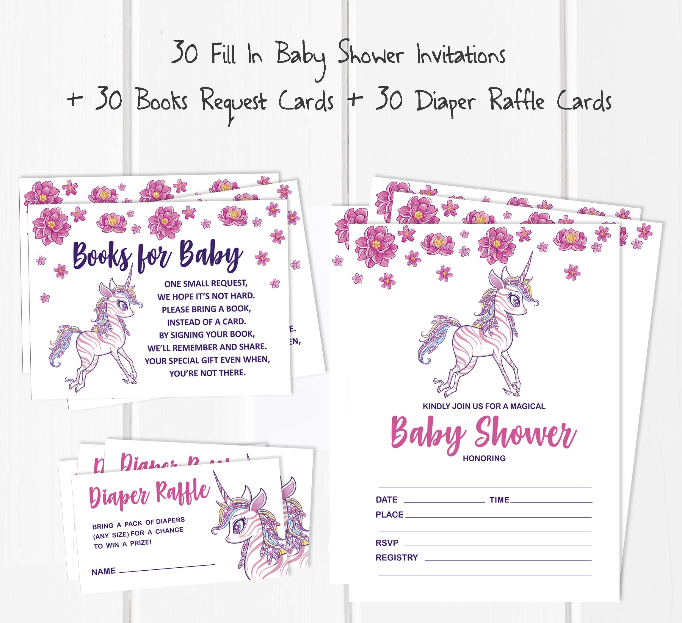 Inkdotpot Set Of 30Unicorn Floral Baby Shower Invitations-Diaper Raffle Tickets And Baby Shower Book Request Cards Invites Its A Boy Its A Girl