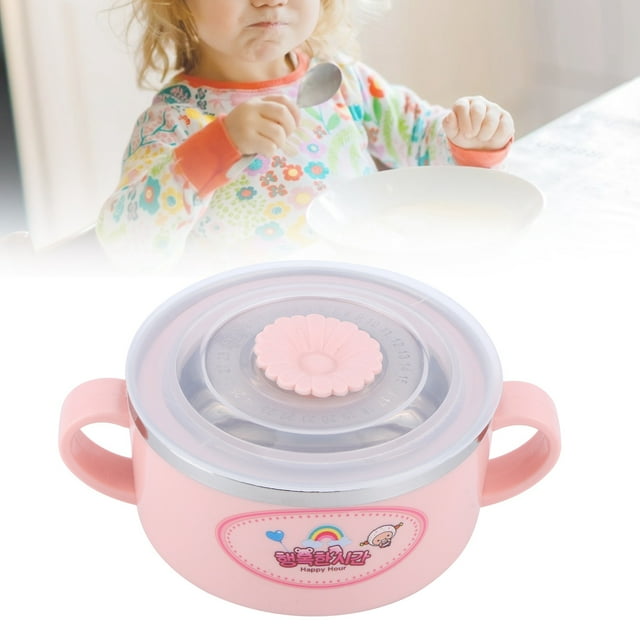 Baby Bowl With Lid, Stainless Steel Kids Children Feeding Bowl With Cartoon Pattern, Double Layer Tableware With Date Indicator, / Yellow