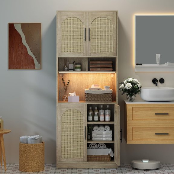 Kitchen Pantry Cabinet with RGB Light, Tall Kitchen Hutch Bar Cabinet with Microwave Stand, Farmhouse Large Wood Storage Cabinet with Barn Doors & 2 Open Shelves, Cupboard for Dining Room, Oak