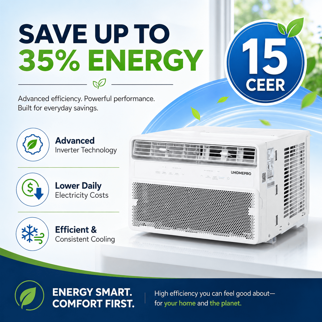 10000 BTU Smart Window Air Conditioner, Cools 450 Sq.Ft with 4 Modes, Washable Filter, 35% Energy Saving, App/Remote and LED Control, 52 dB Noise for Living Room, Easy to Install