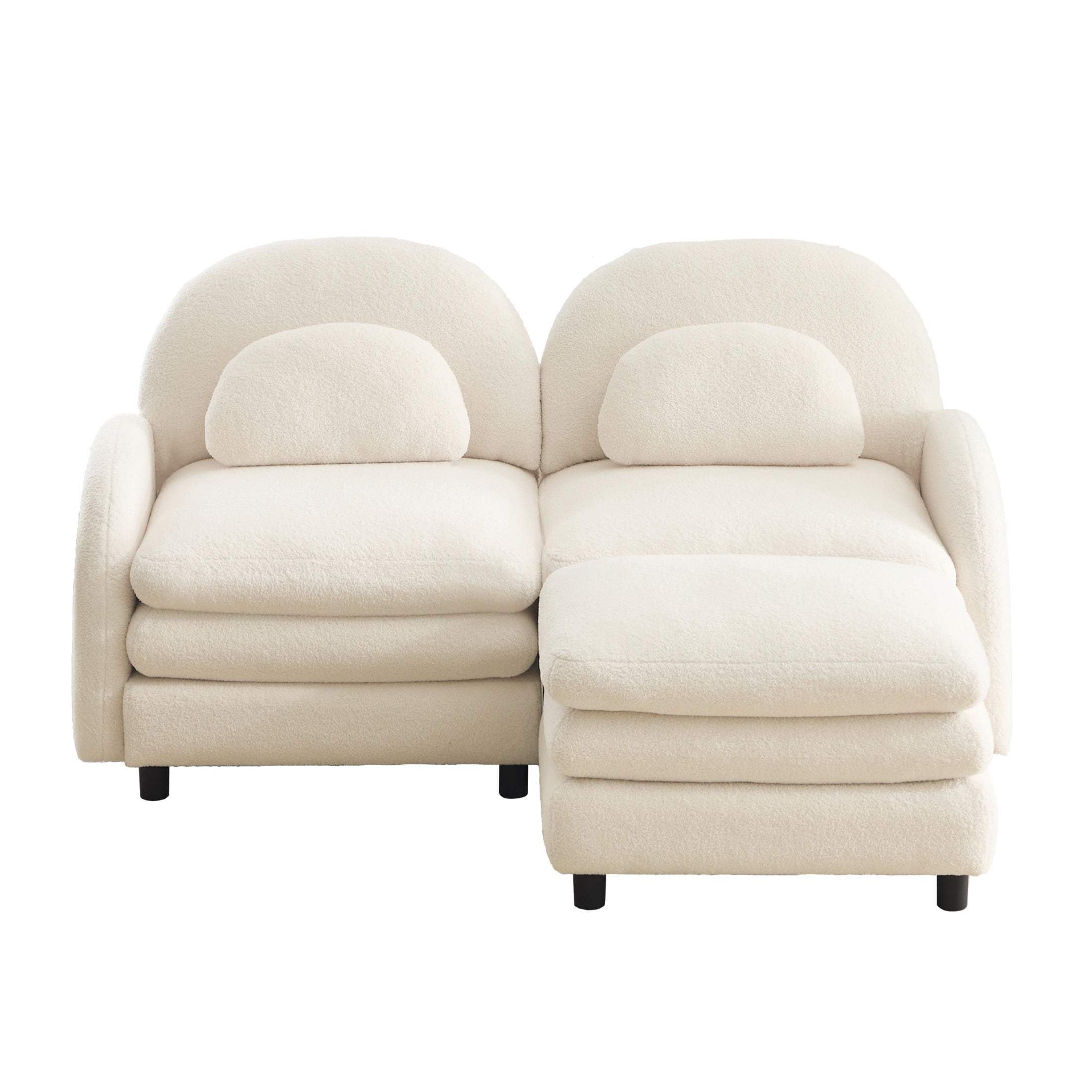 Noble House Windsor Teddy Fabric 2-Seater Sectional Sofa, Modular Cloud Couch with Ottoman and Lumbar Pillows, Beige
