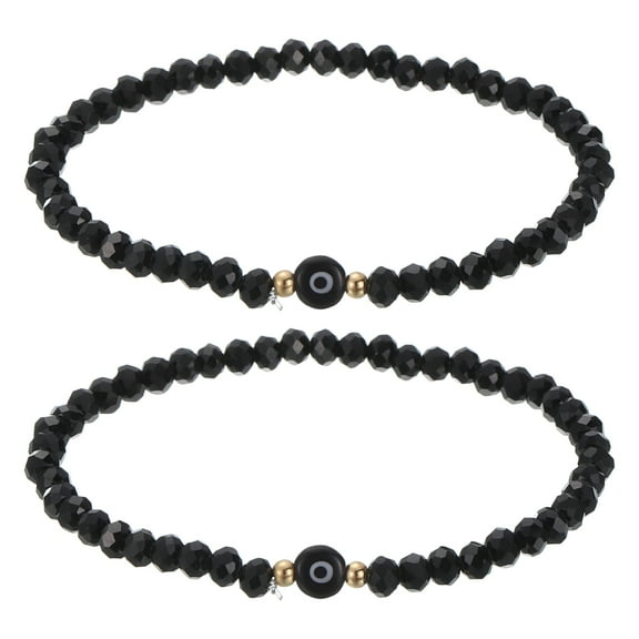 6mm Turkish Evil Eye Bracelets, 2 Pcs Good Luck Protection Crystal Bead Stretch Bracelets Charm for Women Men Stackable Blessing Jewelry (Black)