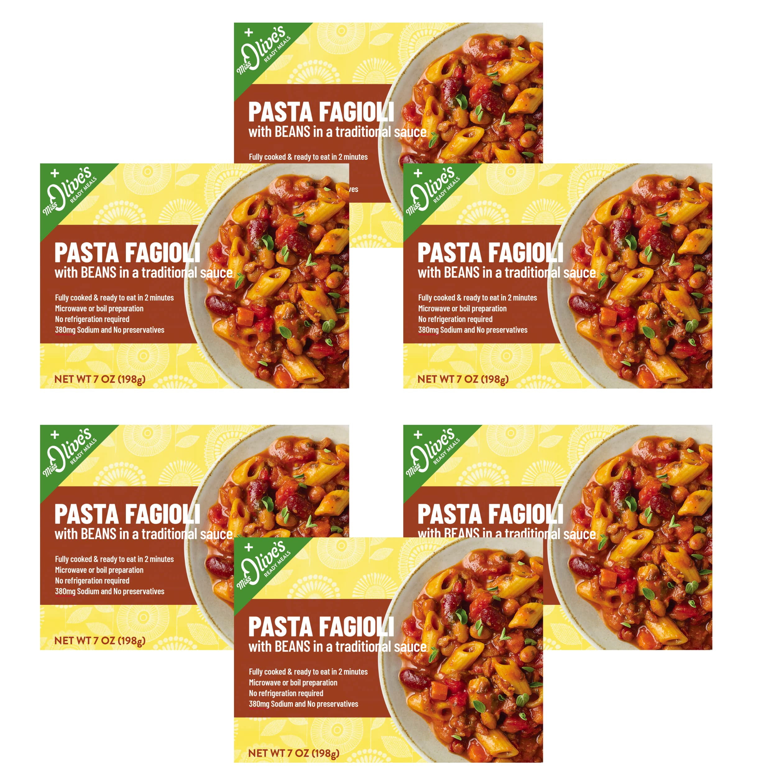 Miss Olives Pasta Fagioli Microwavable Low Sodium Healthy Ready Meal, 7 ounce (Pack of 6)