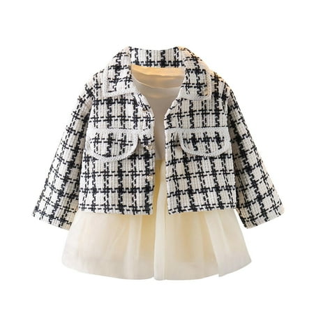 

TAGOLD Toddler Kids Baby Girls Plaid Skirt Set Long Sleeve Jacket Coat Top Party Dress Black 12-24 Months