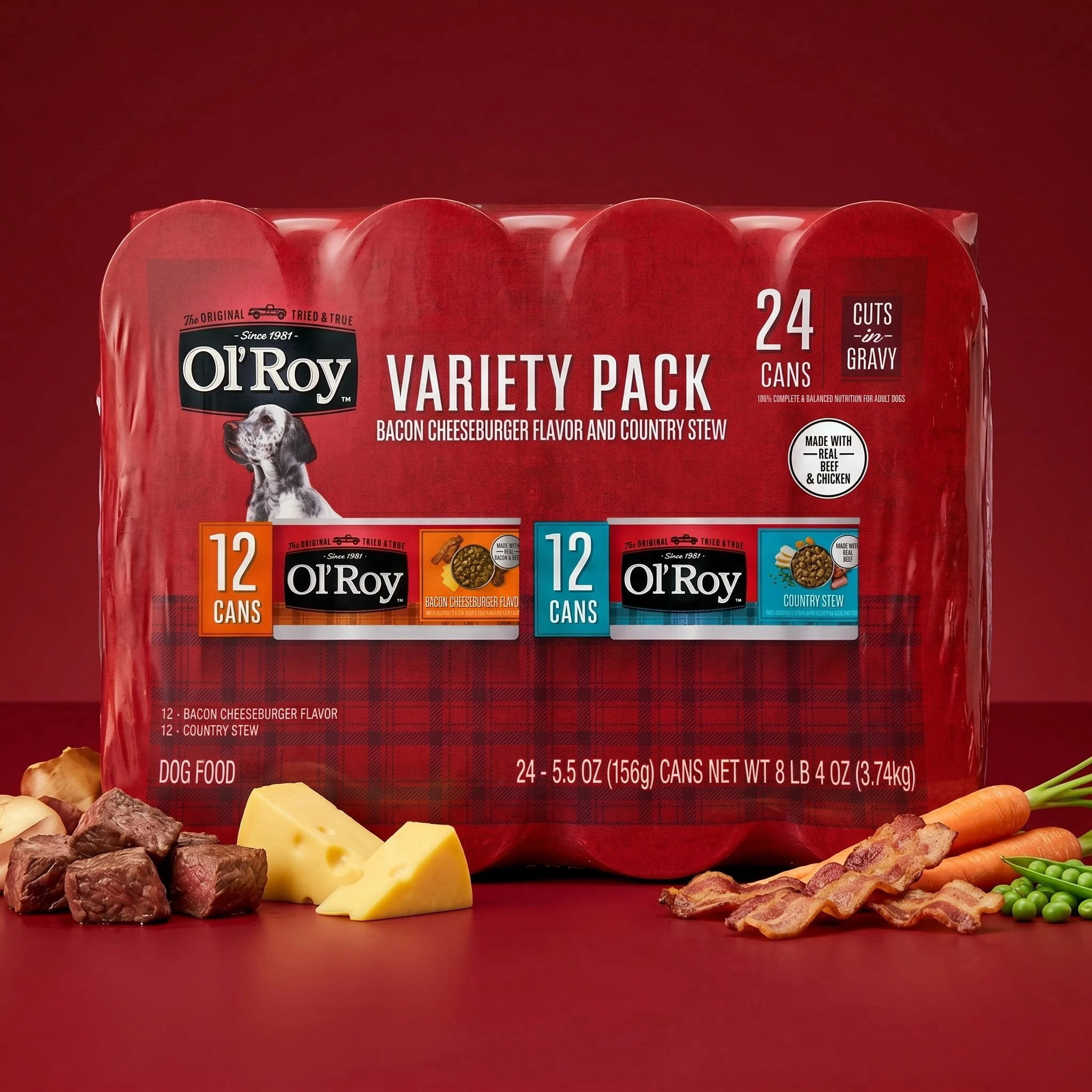 Ol' Roy Bacon Cheeseburger Flavor & Country Stew Cuts in Gravy Wet Dog Food Variety Pack, 5.5 oz Cans, 24 Pack