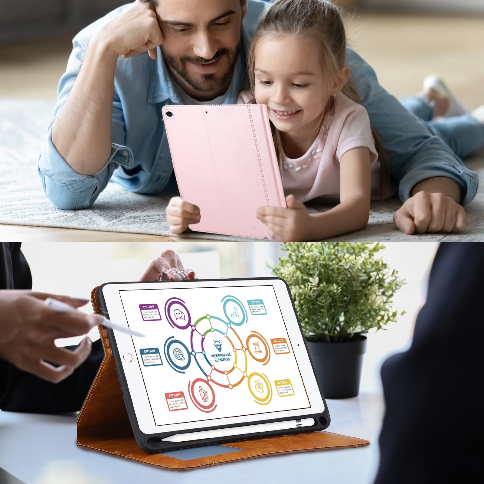 Flip Case for Apple iPad 10.2" 9th 8th 7th Generation 2021/2020/2019, Pencil Holder Smart Cover Auto Sleep Wake Protective Documents Pocket Stand Snap Closure Case for iPad 10.2 Inch, Rosegold