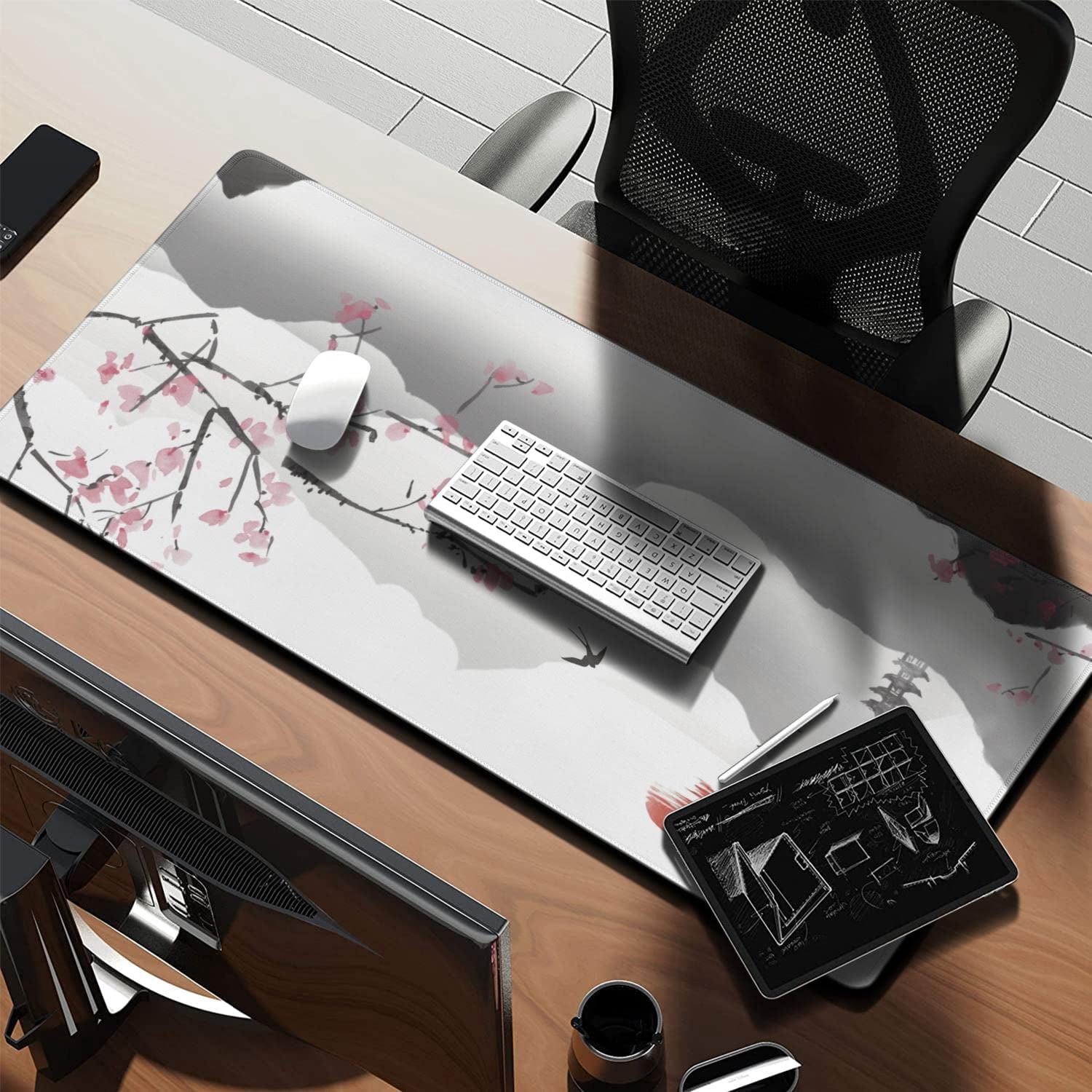 White Cherry Blossom Mouse Pad Japanese Extended Gaming Mouse Pad (35.4x15.7 in) Large Non-Slip Rubber Base Desk Protector with Stitched Edges Sakura Full Desk Mousepad XXXL