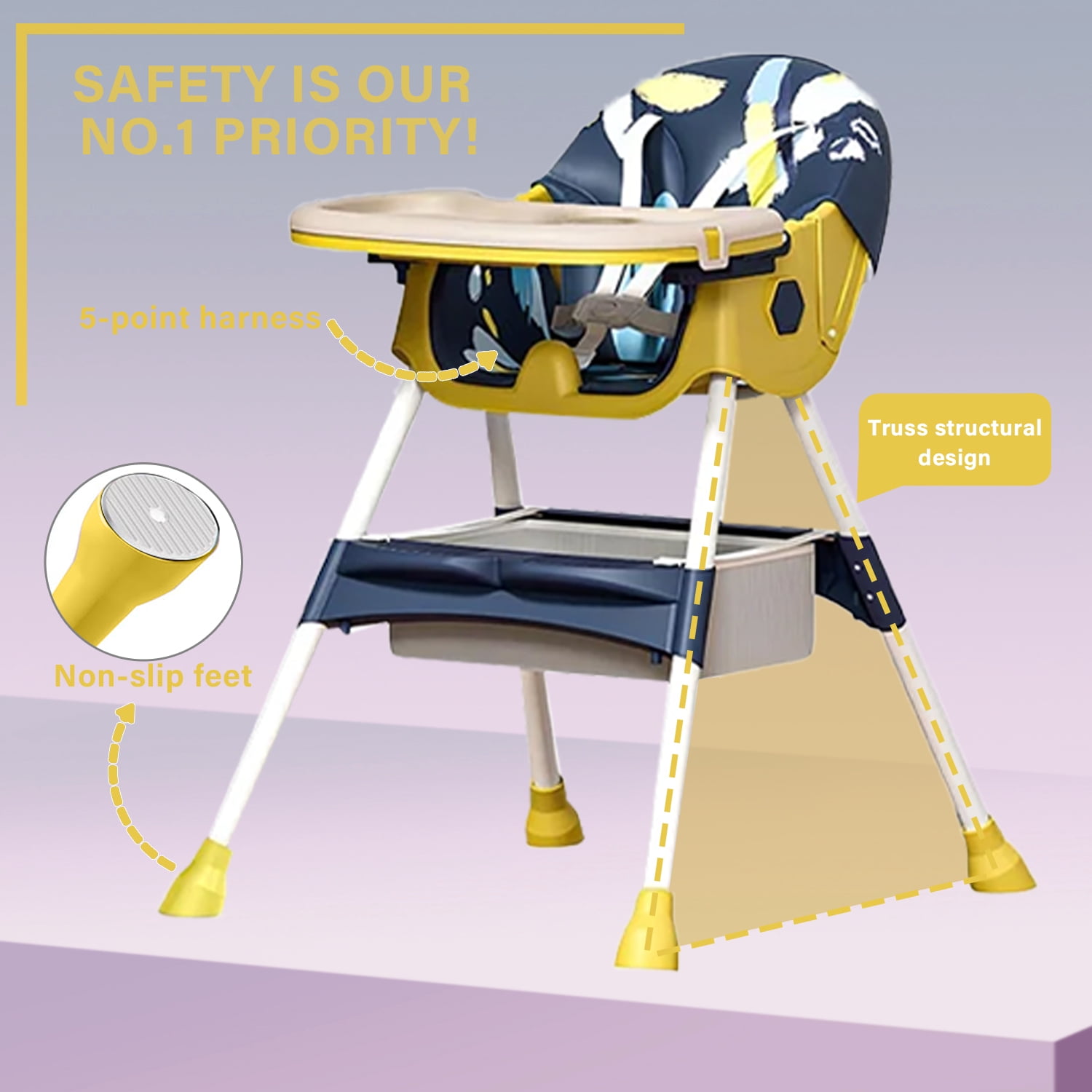BEJOLO Baby High Chair, 4-in-1 Foldable Highchair Dining Feeding Chair with Double Dining Plate & Toy Rack, Infant to Toddler, Blue and Yellow