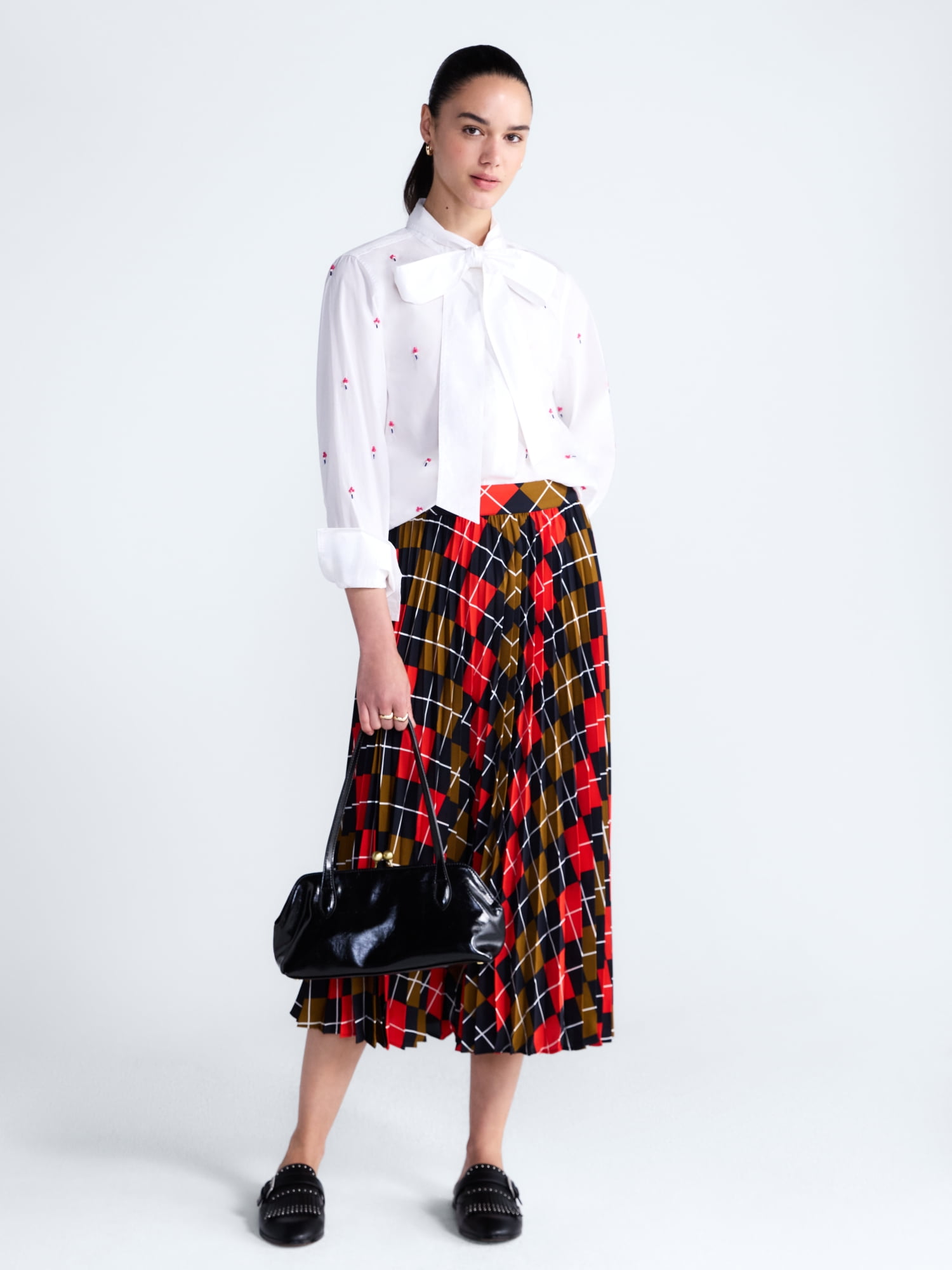 Free Assembly Women's and Women's Plus Beaded Tie Neck Cotton Shirt with Long Sleeves, Sizes XS-4X