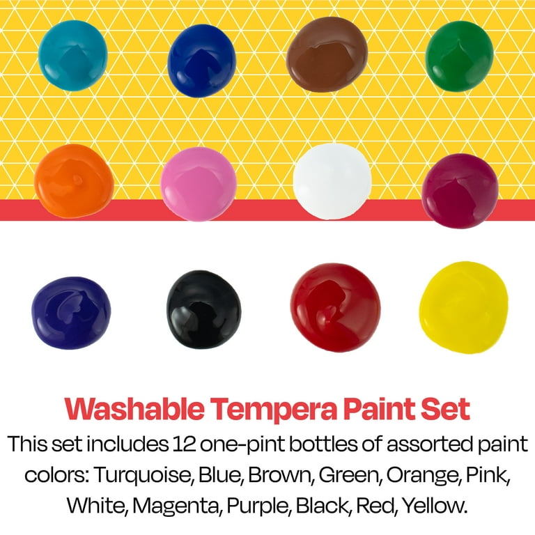 School Smart Washable Tempera Paints, Assorted Colors, Pint Set of 12