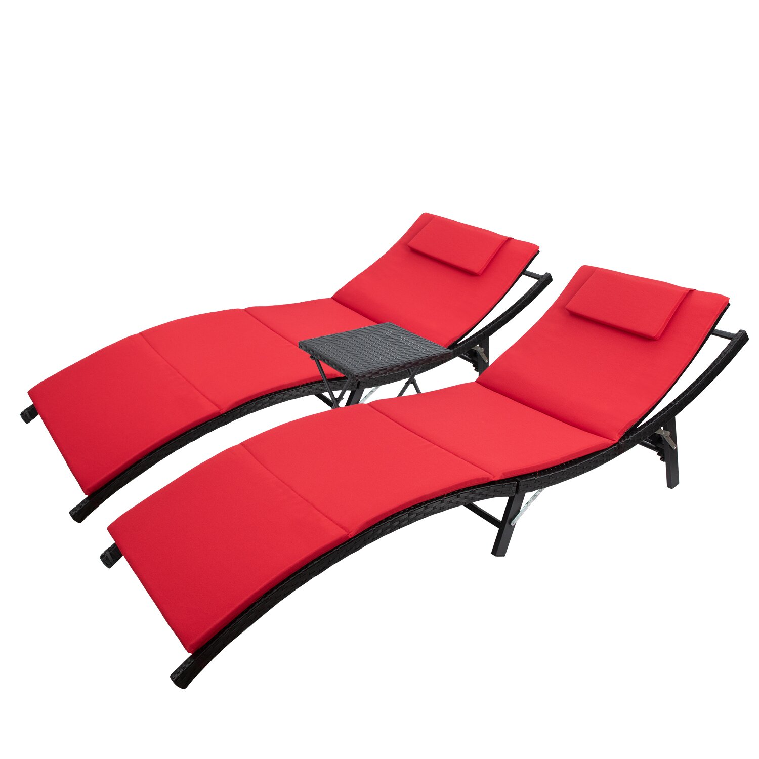 Homall 3 Pieces Patio Chaise Lounge Chair Sets Outdoor Beach Pool PE Rattan Reclining Chair with Folding Table and Cushion, Red - image 2 of 8