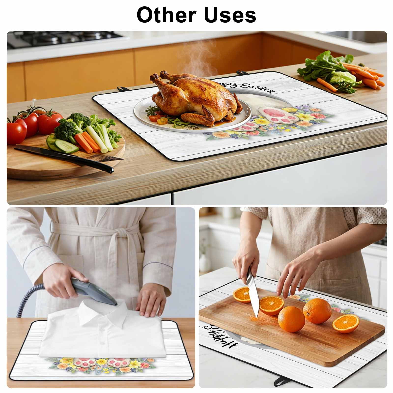 Easter Bunny Stove Top Cover for Electric Stove, Heat-proof & Non Slip Glass Top Stove Cover Protector, 3D Optical Illusion Farmhouse Flower Wood Grain Kitchen Flat Cooktop Rubber Mat 24x21 Inches