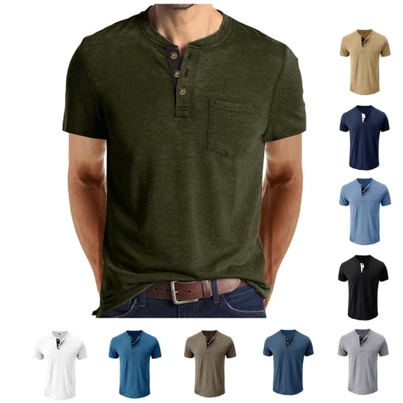 LWavelet Mens Henley Shirts Casual Short Sleeve Button T Shirts with 3 Button Placket Chest Pocket Casual Tee